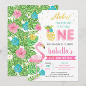  Luau Flamingo Tropical 1st Birthday Invitations Kaart (Voorkant / Achterkant)