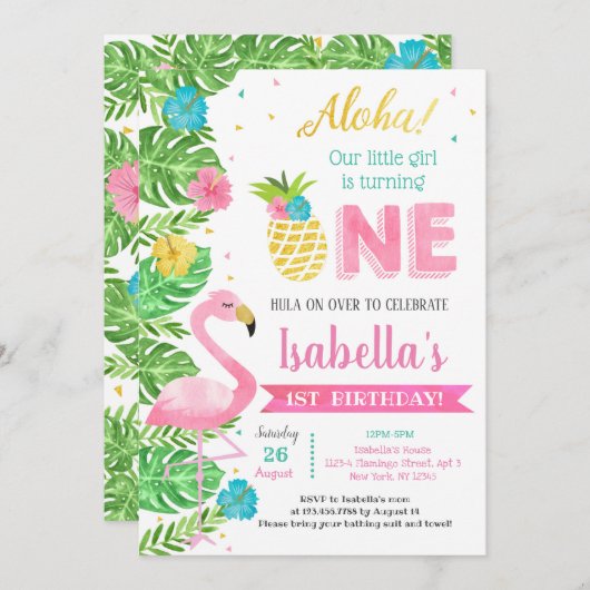  Luau Flamingo Tropical 1st Birthday Invitations Kaart (Voorkant / Achterkant)