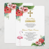 Luau Flamingo Tropical Floral Heilige Communie Kaart (Voorkant / Achterkant)