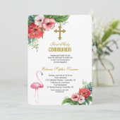 Luau Flamingo Tropical Floral Heilige Communie Kaart (Staand voorkant)