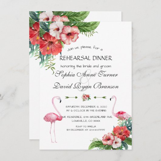 Luau Flamingo Tropical Floral Rehearsal Kaart (Voorkant / Achterkant)