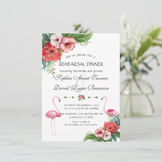 Luau Flamingo Tropical Floral Rehearsal Kaart (Staand voorkant)