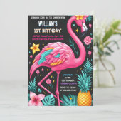 Luau Fly Pink Flamingo Pool Party 1e verjaardag Kaart (Staand voorkant)