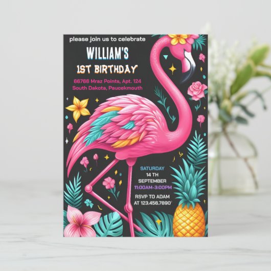 Luau Fly Pink Flamingo Pool Party 1e verjaardag Kaart (Staand voorkant)