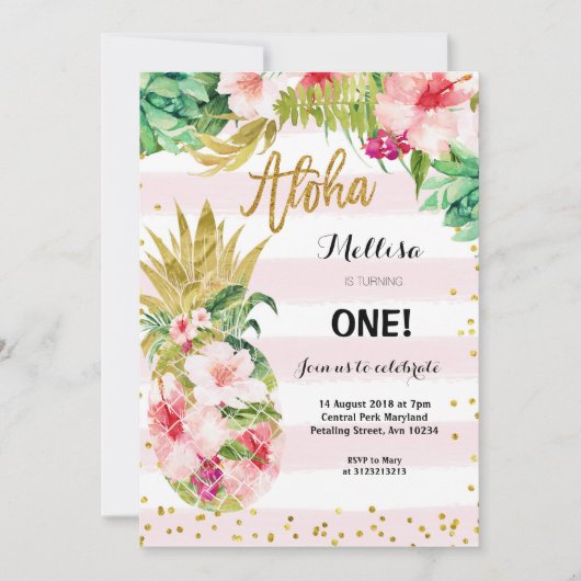 Luau Gold Ananas 5e verjaardag uitnodiging (Voorkant)