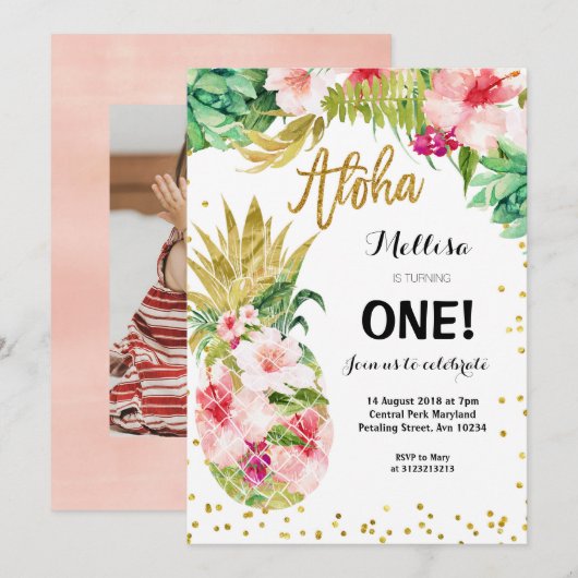 Luau Gold Pineapple eerste verjaardag uitnodiging (Voorkant / Achterkant)