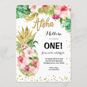 Luau Gold Pineapple First Birthday Invitation Kaart