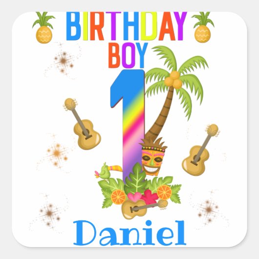 Luau Hawaii Hawaiian Pool Boy Birthday Party Vierkante Sticker (Voorkant)