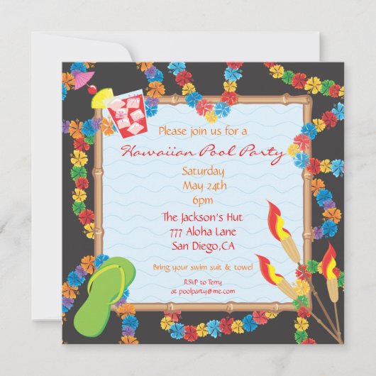 Luau Hawaiian Pool Party Invitation Card Kaart (Voorkant)