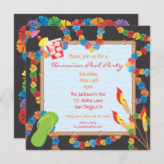 Luau Hawaiian Pool Party Invitation Card Kaart (Voorkant / Achterkant)