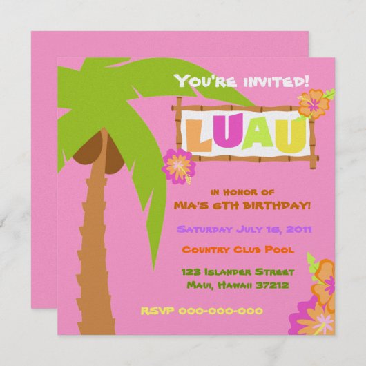 Luau Invitation Pink Kaart (Voorkant / Achterkant)