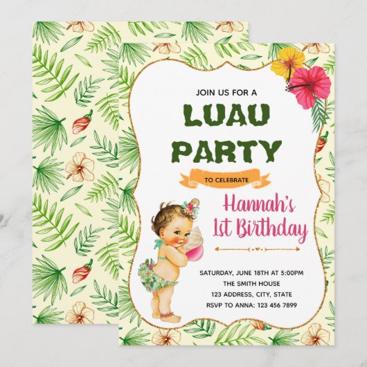 Luau kind verjaardagsfeestje uitnodiging (Voorkant / Achterkant)