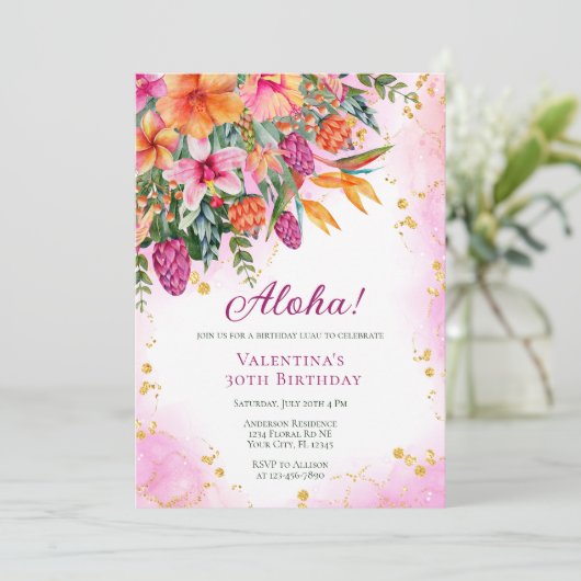 Luau Kleurrijke Tropische Bloemen Verjaardagsfeest Kaart (Staand voorkant)
