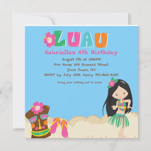 Luau Met Girl en Tiki Square Birthday Invitation Kaart (Voorkant)