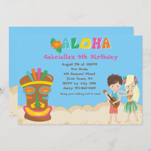 Luau met Kinder en Tiki verjaardagsuitnodiging Kaart (Voorkant / Achterkant)
