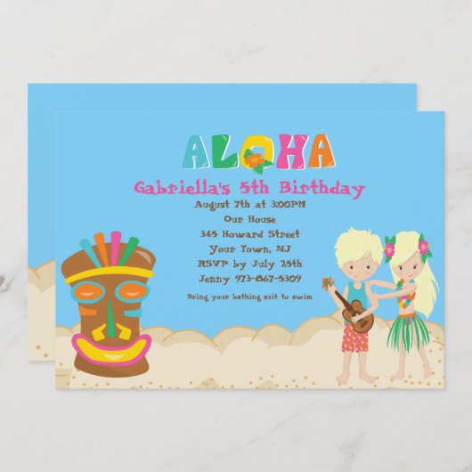 Luau met Kinder uitnodiging en Tiki Birthday (Voorkant / Achterkant)