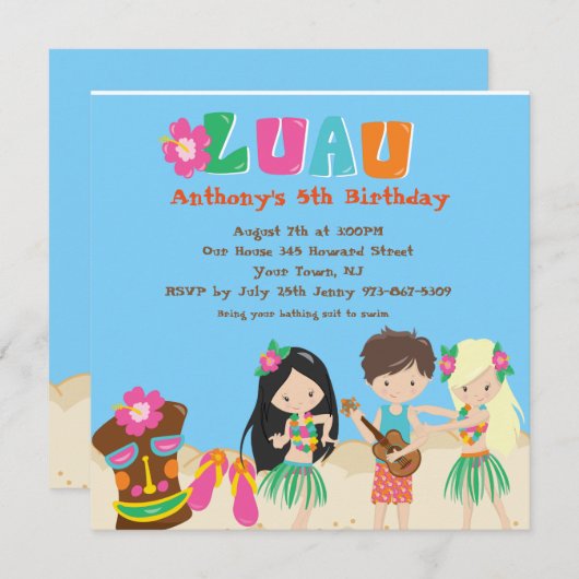 Luau met Kinder uitnodiging op het Tiki Square Bir (Voorkant / Achterkant)