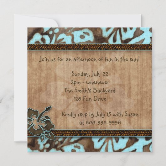 Luau Party Invitation Hibiscus Blue Brown Kaart (Voorkant)