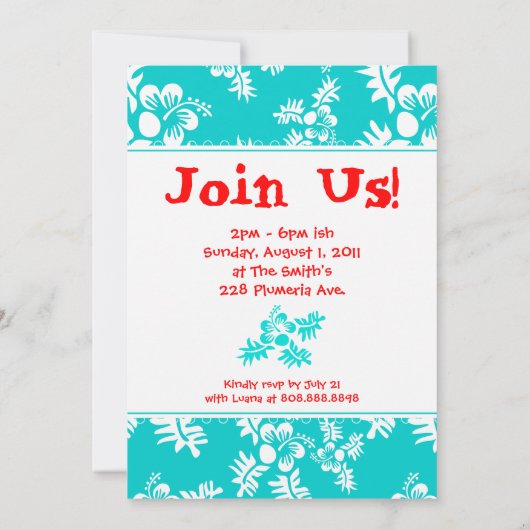 Luau Party Invitation Hibiscus Flower Blue White Kaart (Achterkant)