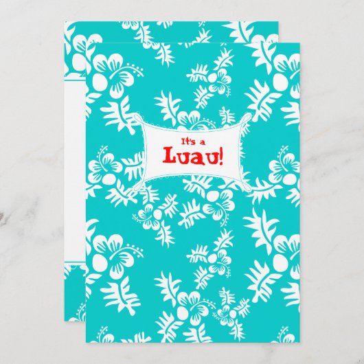 Luau Party Invitation Hibiscus Flower Blue White Kaart (Voorkant / Achterkant)