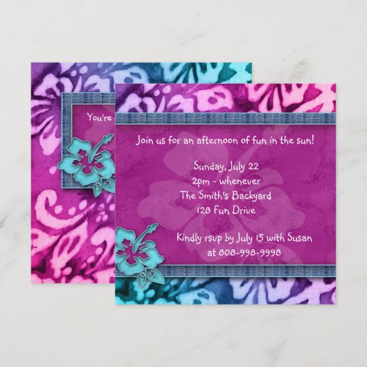 Luau Party Invitation Hibiscus Pink Blue Kaart (Voorkant / Achterkant)