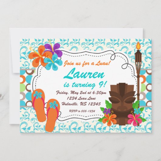 Luau Party Invite, Turquoise Damask en Tiki Man Kaart (Voorkant)