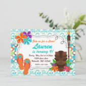 Luau Party Invite, Turquoise Damask en Tiki Man Kaart (Staand voorkant)