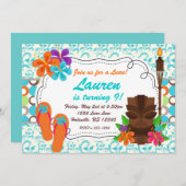 Luau Party Invite, Turquoise Damask en Tiki Man Kaart (Voorkant / Achterkant)
