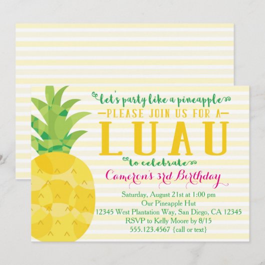Luau Party net als Pineapple Birthday Invitation Kaart (Voorkant / Achterkant)