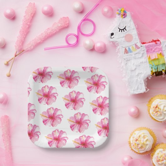 Luau Party Roze Hibiscus Bloemen Papier Borden Papieren Bordje (Feest)