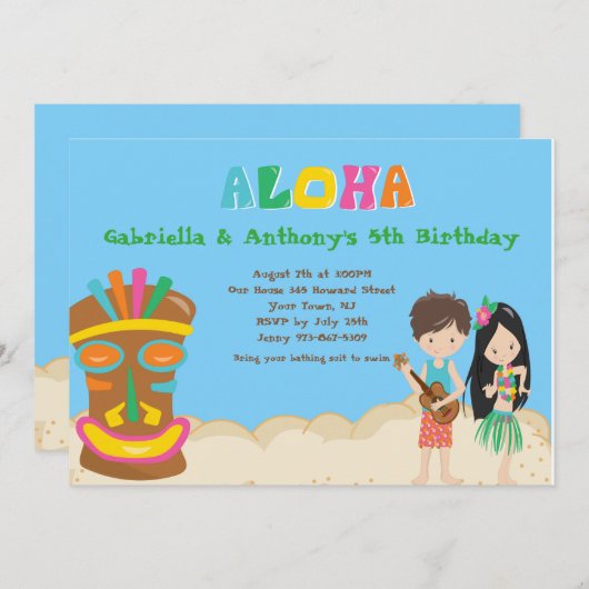 Luau Party with Boy &Girl Tiki Birthday Uitnodigin Kaart (Voorkant / Achterkant)