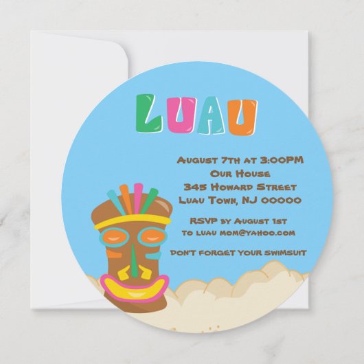 Luau Party with Palm Tree and Kinder Round Invitat Kaart (Achterkant)