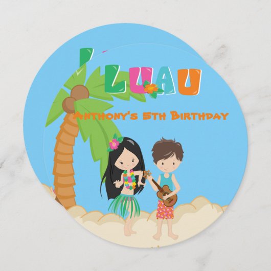 Luau Party with Palm Tree Round Invitation Kaart (Voorkant / Achterkant)