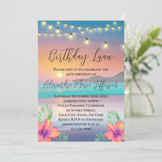 Luau Pastel Sunset Beach Ocean Verjaardagsfeest Kaart (Staand voorkant)