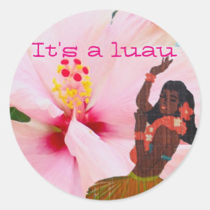 Luau Pink Hibiscus en Grass Skirt Hula Girl Ronde Sticker