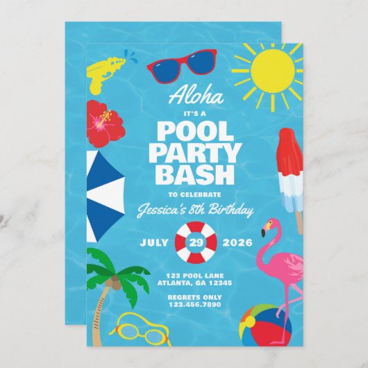 Luau Pool Party Uitnodiging (Voorkant / Achterkant)