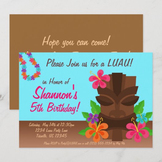 Luau Tiki Man en Flowers Birthday Party Kaart (Voorkant / Achterkant)