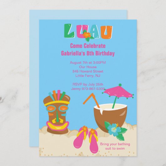 Luau Tiki over de uitnodiging van de dag van de be (Voorkant / Achterkant)