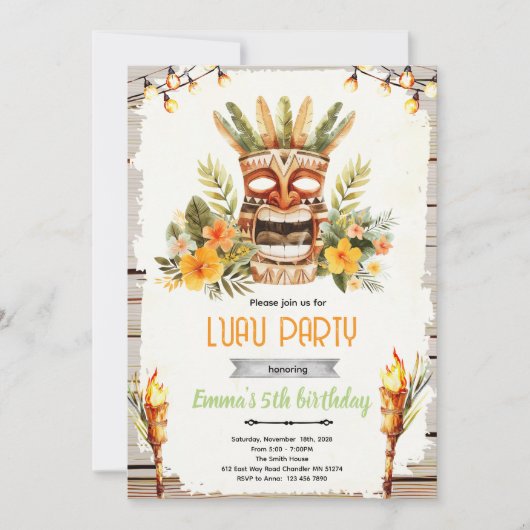 Luau tiki verjaardagsfeest uitnodiging (Voorkant)