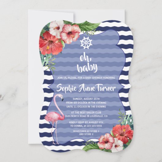 Luau Tropical Flamingo Navy Stripes BABY SHOWER Kaart (Voorkant)