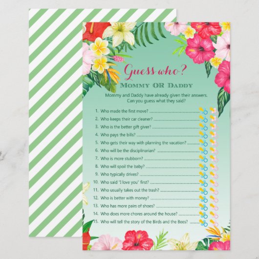 Luau Tropisch Baby shower Game PRINED (Voorkant / Achterkant)