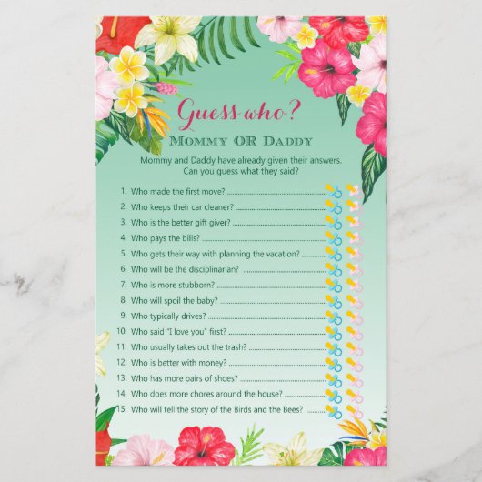 Luau Tropisch Baby shower Game PRINED (Voorkant)