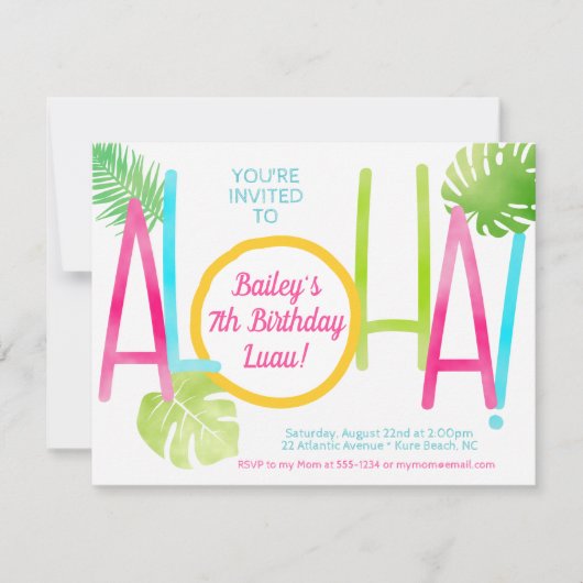 Luau Tropisch Roze Blauw en Groene Aloha Birthday Kaart (Voorkant)