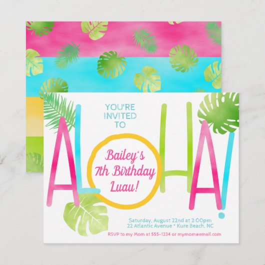 Luau Tropisch Roze Blauw en Groene Aloha Birthday Kaart (Voorkant / Achterkant)