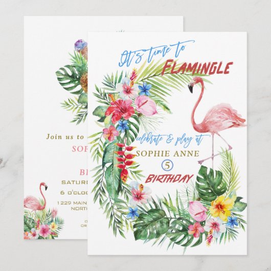 Luau Tropische Bloem Flamingo Zwembad Meisje Verja Kaart (Voorkant / Achterkant)