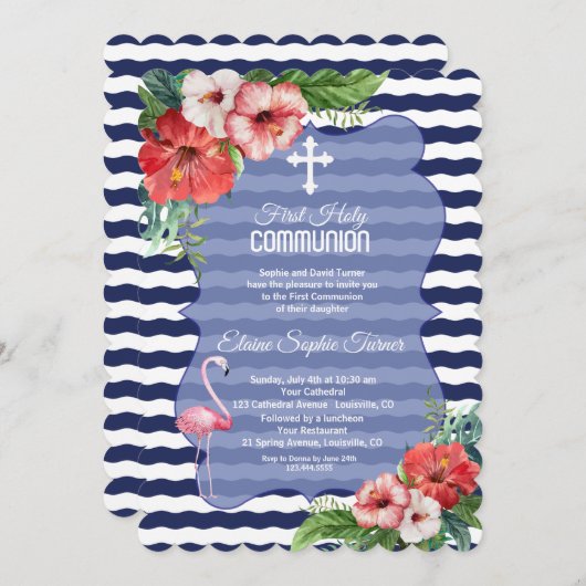 Luau Tropische Flamingo Bloem Eerste Heilige Commu Kaart (Voorkant / Achterkant)
