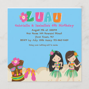 Luau Twin Girl en Tiki Square Birthday Invitation Kaart