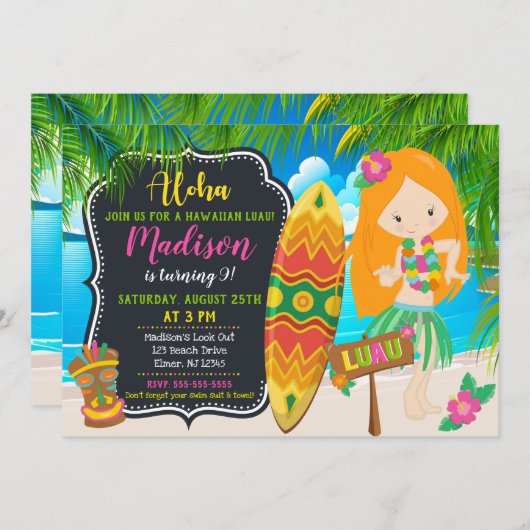 Luau Verjaardag Uitnodiging Aloha Invites (Voorkant / Achterkant)