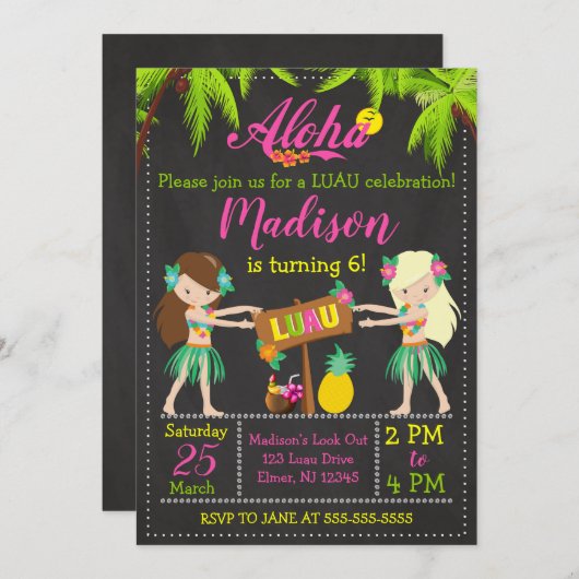 Luau Verjaardag Uitnodiging Aloha Invites (Voorkant / Achterkant)