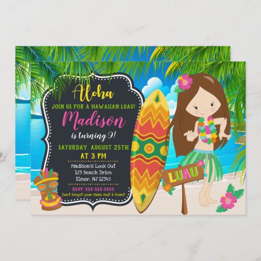 Luau Verjaardag Uitnodiging Aloha Invites (Voorkant / Achterkant)